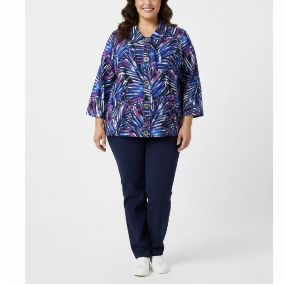 Christopher & Banks Blue Purple Linen Blend Leaf Print Button Jacket size XL